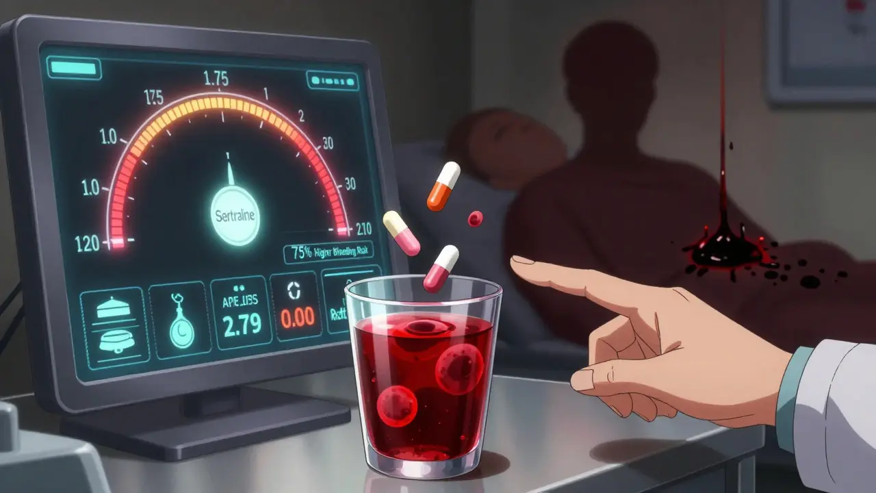 Hospital dashboard with risk meter spiking as pills dissolve into blood-red water