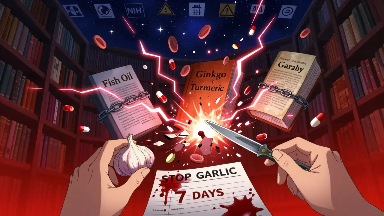 Medical books chained with lightning, exploding pills and platelets, hands hovering over surgical checklist.