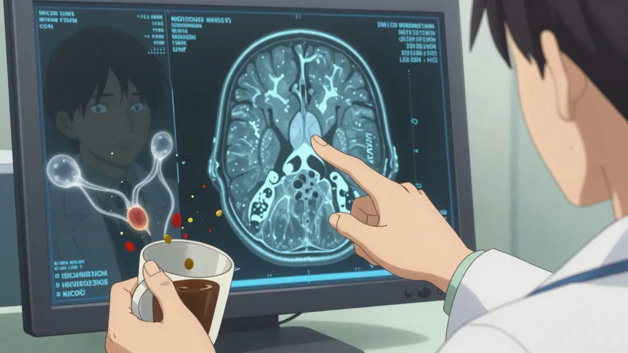 Neurologist pointing at an MRI showing the 'hot cross bun' sign, with dying neurons drifting away like ash.