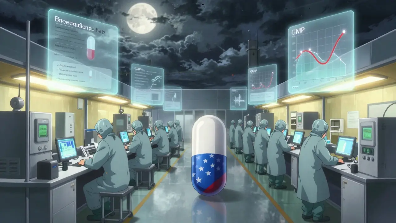 Overseas drug factory at night with floating regulatory standards above the production line.
