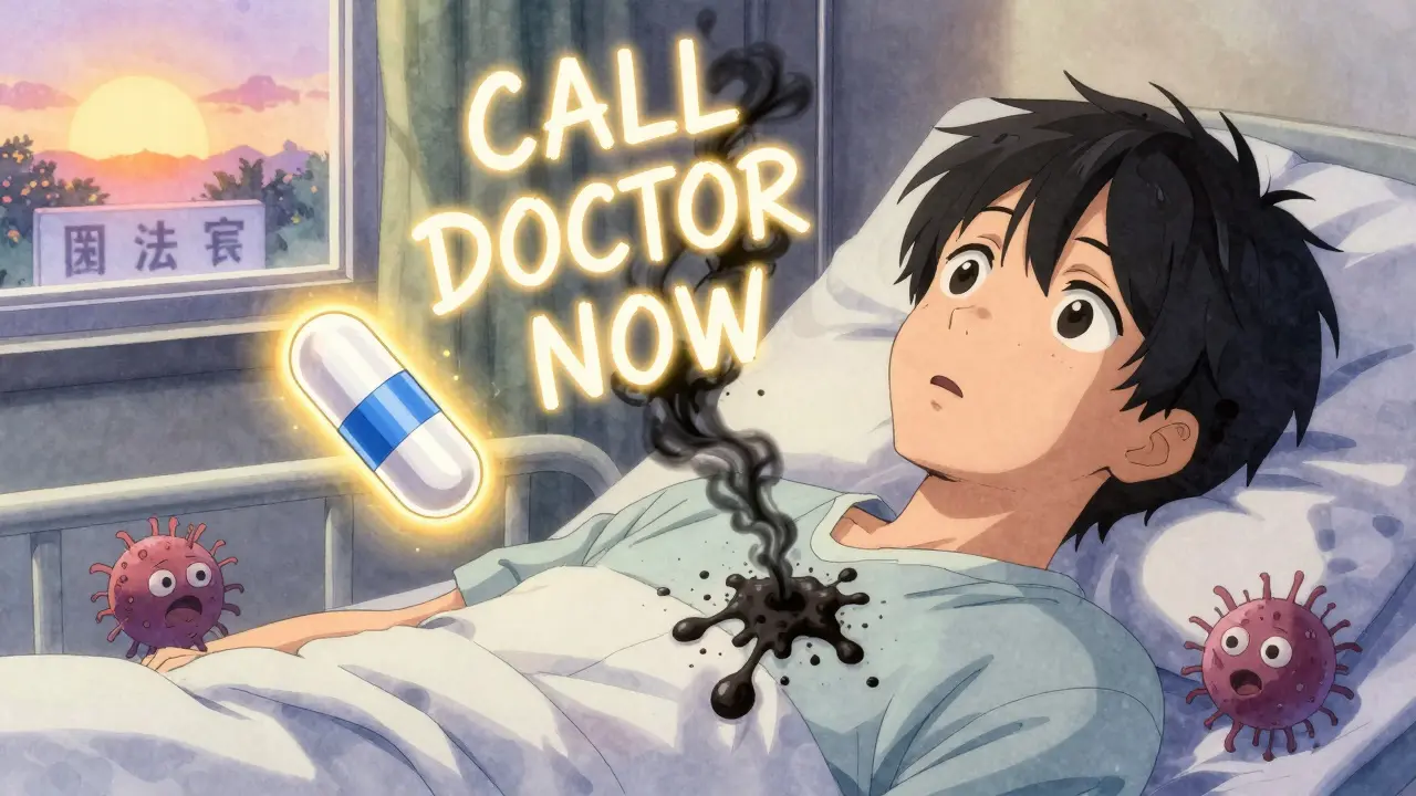 Patient in hospital bed with black stool smoke forming warning text, safe pill glowing beside them