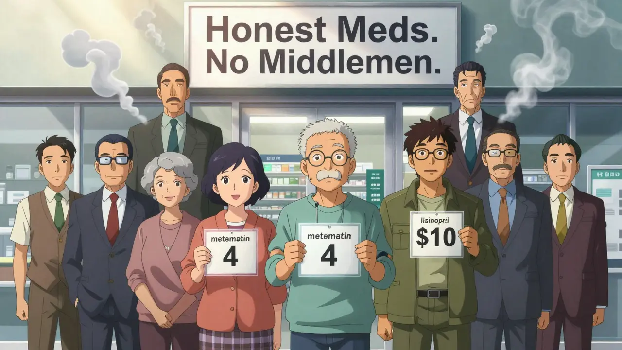 Patients hold transparent price tags in front of a community pharmacy as PBM executives fade into smoke.