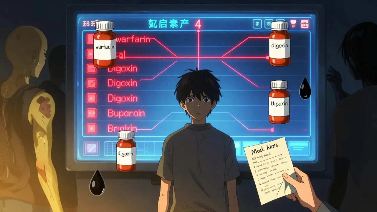 Person facing a glowing drug interaction checker with red alerts, floating medications and shadowy symptoms behind.