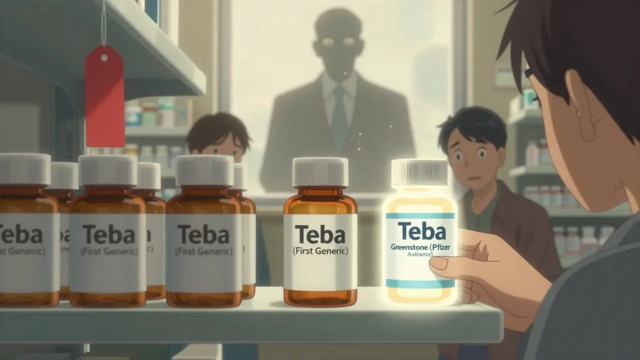 Pharmacy shelf with identical pills—one labeled first generic, the other authorized generic—under corporate shadow.
