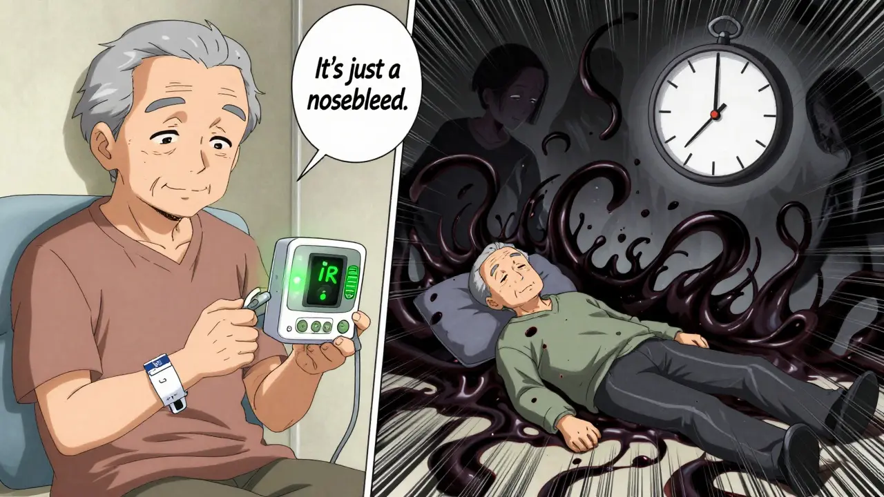 Split image: calm home INR test vs. shadowy collapse from delayed response to bleeding symptoms.