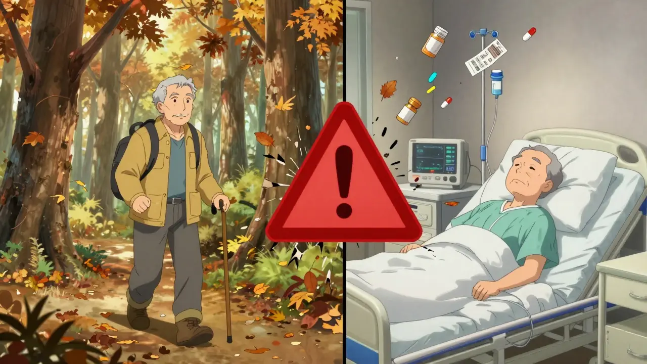 Split image: healthy elderly person hiking versus same person in hospital bed, with a shattered warning symbol between them.