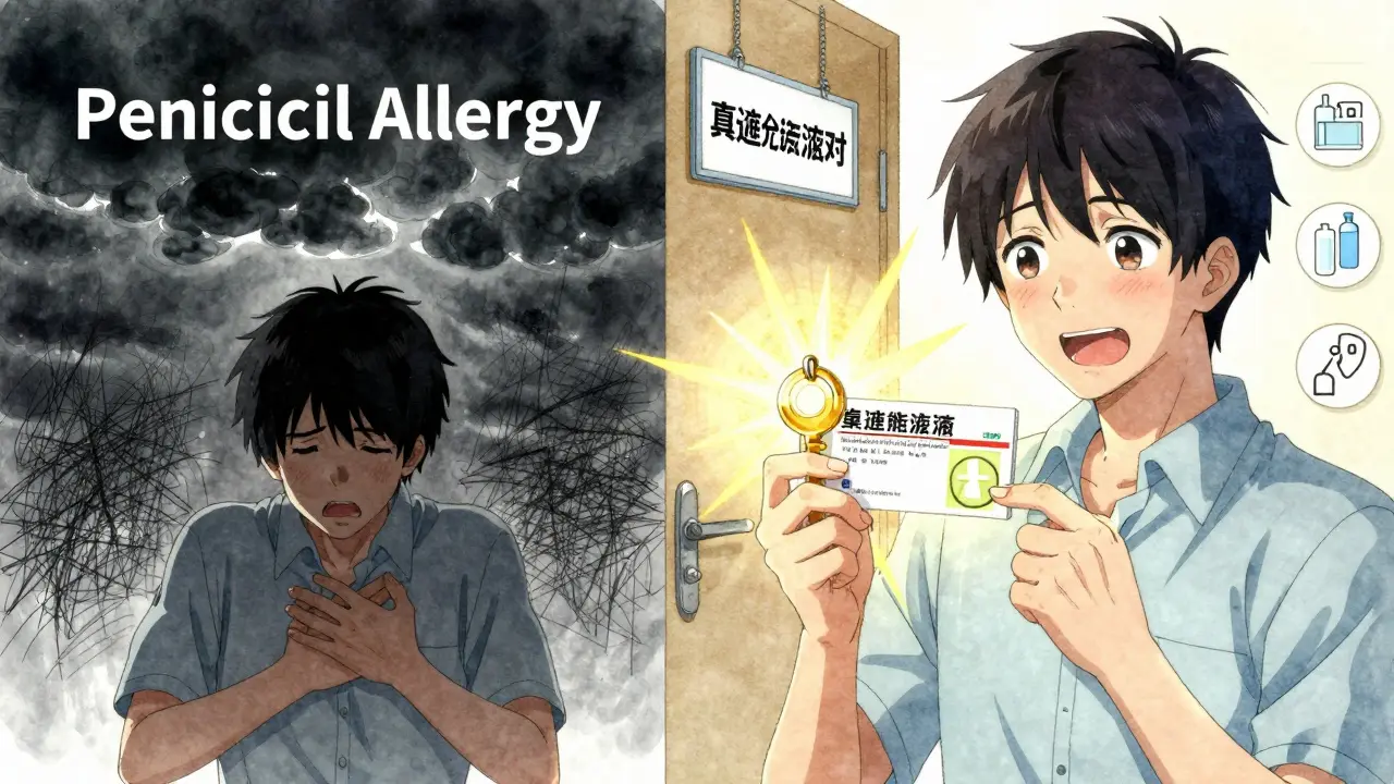 Split scene: one side shows fear of penicillin allergy, the other shows relief after testing with a golden key unlocking safety.