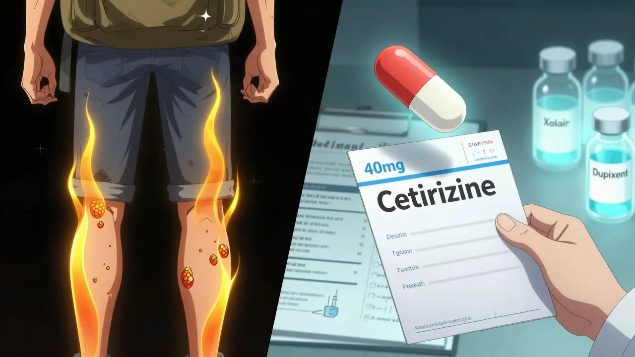 Split scene: pressure-induced hives on skin and a giant pill with medical biologics in background.