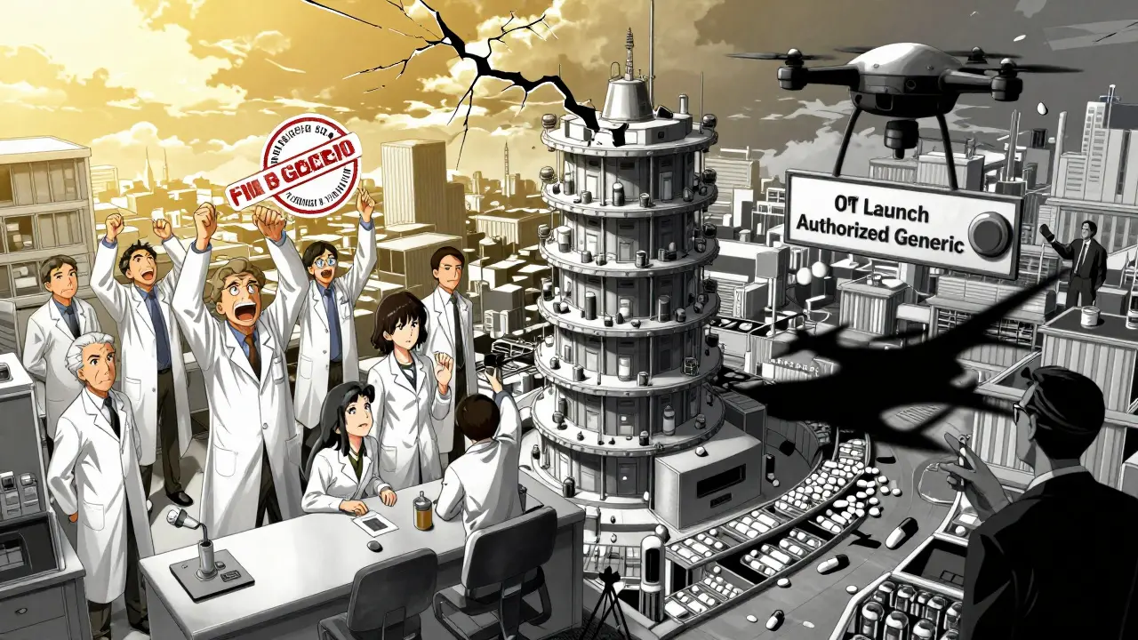 Split scene: small lab celebrates generic approval while corporate tower launches identical authorized version.