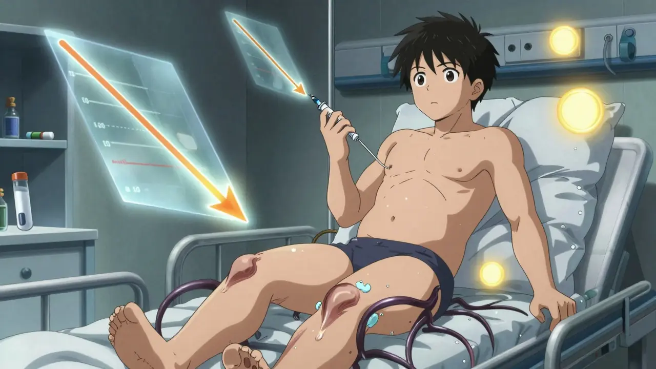 Teen receiving steroid injection with floating graphs showing protein and cholesterol levels.