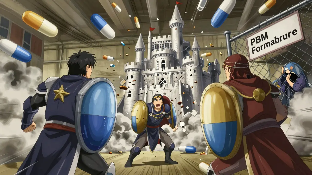 Three generic drug warriors battling to lower prices against a crumbling brand-name castle.