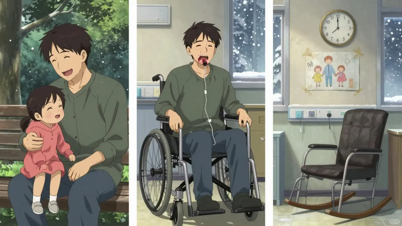 Three-panel scene: happy family, then ill man with feeding tube, finally an empty rocking chair with a child's drawing.