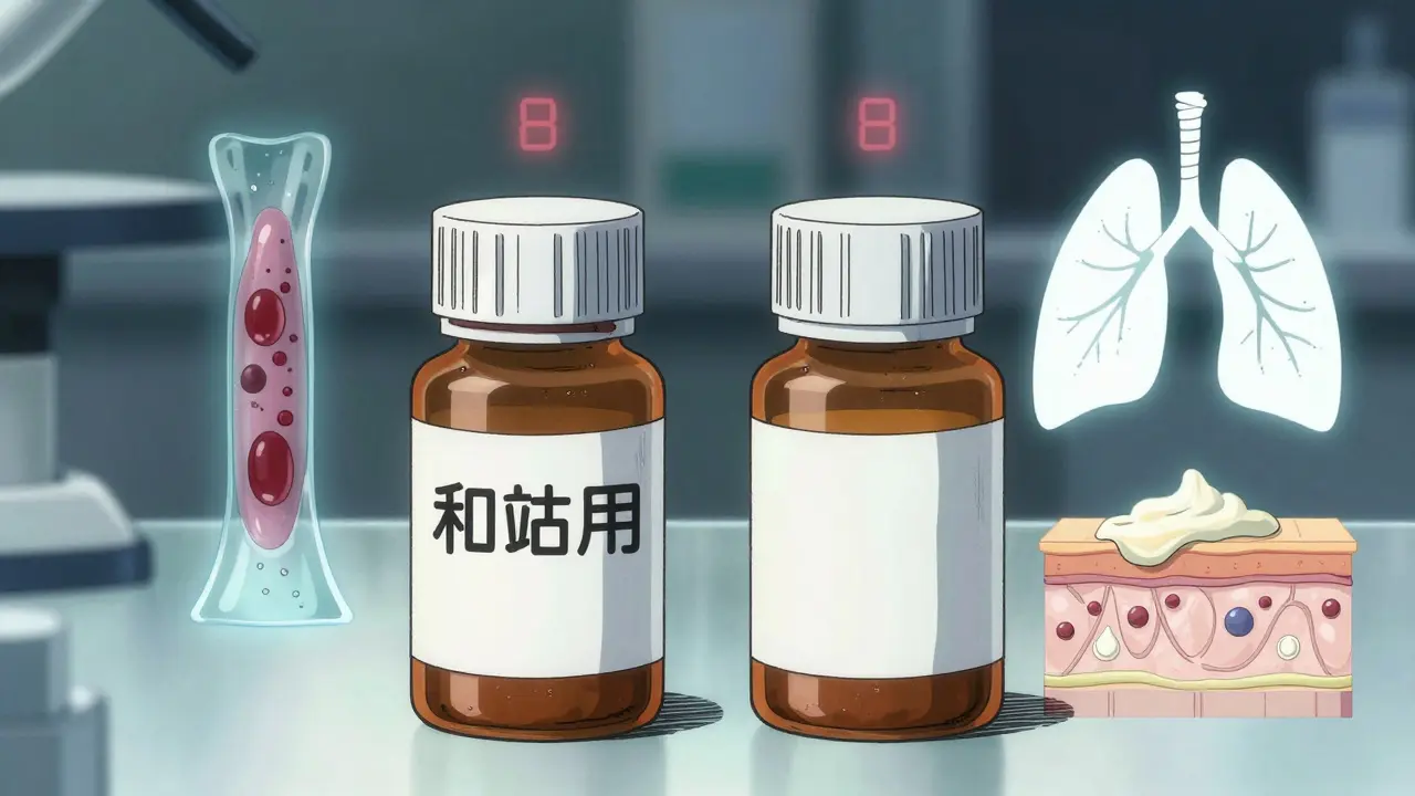 Two pill bottles with scientific visuals showing differences in drug absorption.