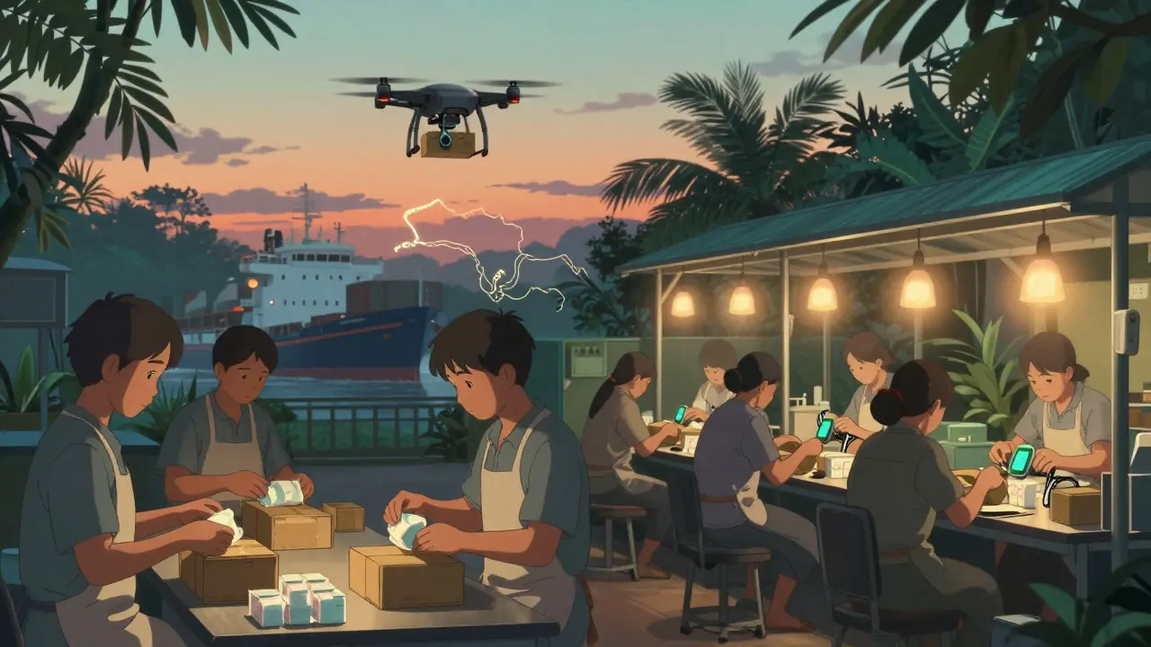 Vietnamese and Cambodian factories packaging medical supplies at twilight, with drones and assembly lines under tropical skies.