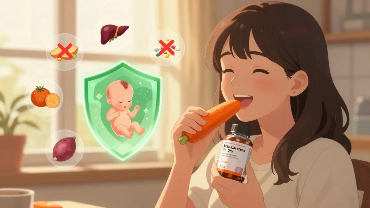 Woman eating carrots and sweet potatoes with safe prenatal vitamin, glowing shield protects fetus, unsafe foods marked with Xs.