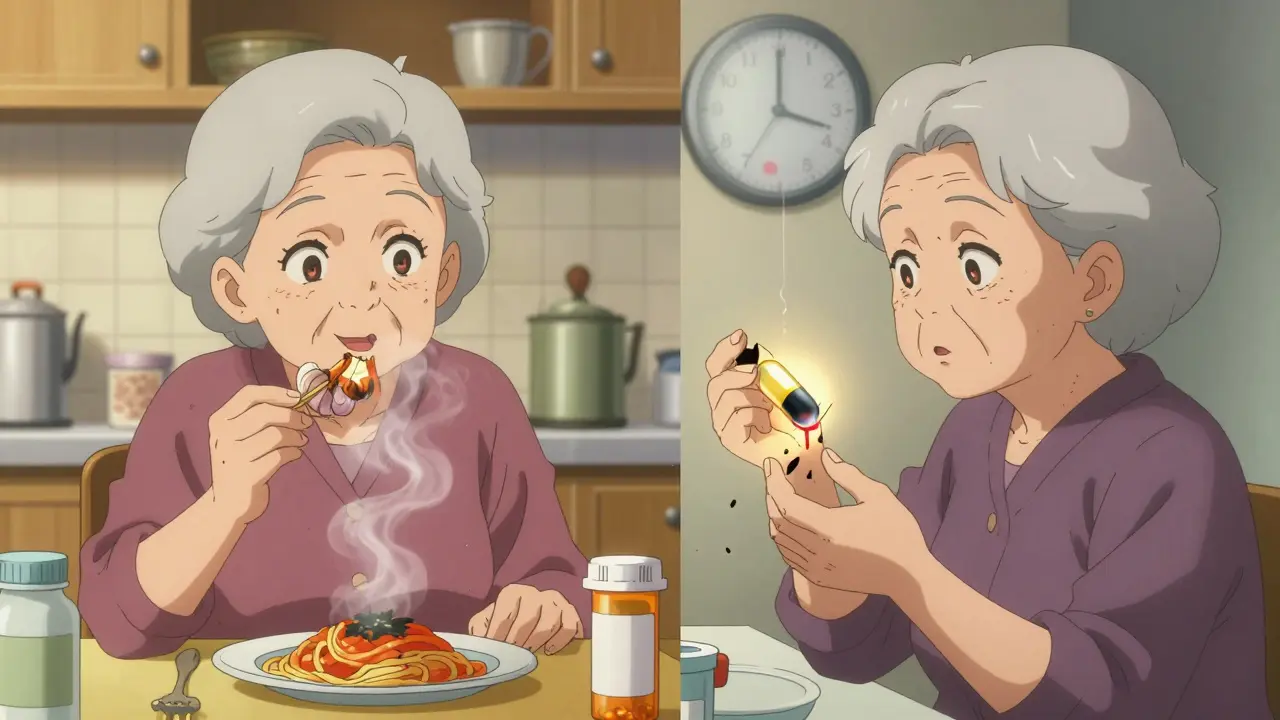 Woman eating garlic at dinner vs. same woman in clinic with cracking supplement capsule and platelet shards.