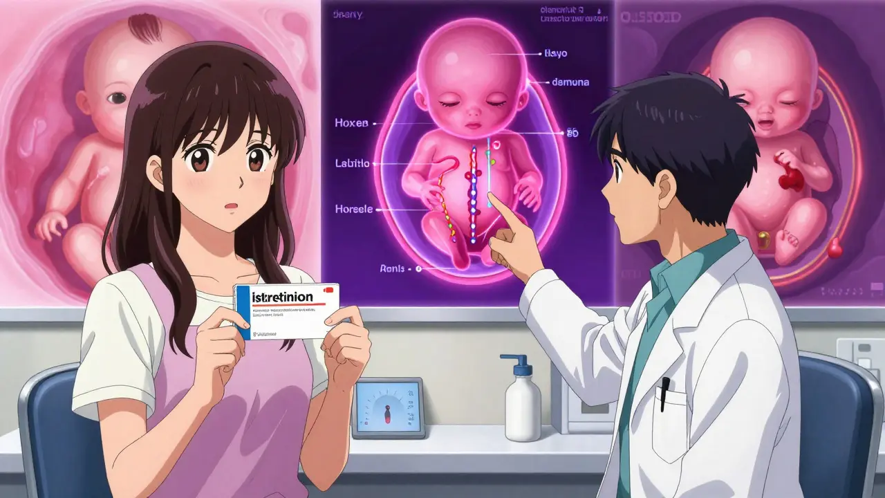 Woman in dermatology clinic holding isotretinoin prescription as embryo malformations are displayed in glowing diagram.