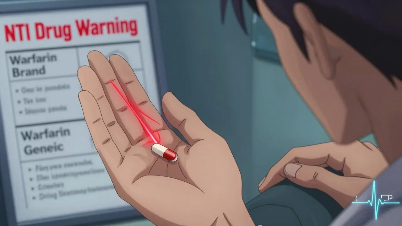 A close-up of two identical-looking pills with glowing blood flow lines, highlighting the risk of switching NTI drugs like warfarin.