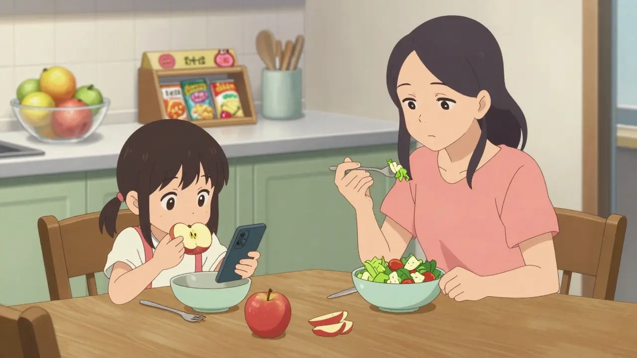 A family eating at a table, one person focused on food without screens, while healthy snacks are visible and junk food is absent.