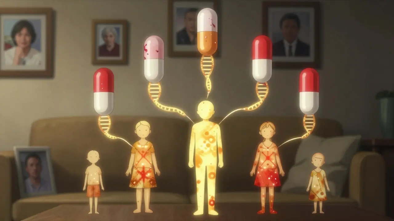 A glowing family tree with genetic risk markers linking ancestors who had severe drug reactions.