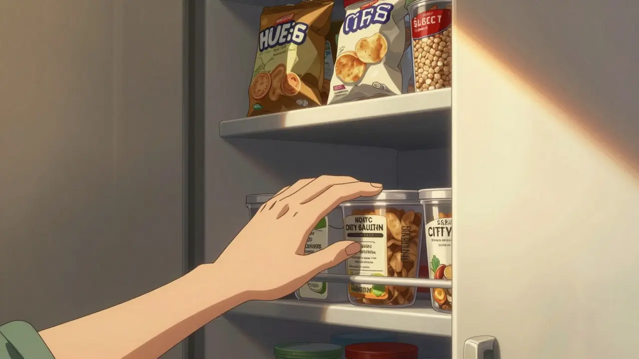 A hand reaching for a labeled healthy snack near the fridge, while unhealthy foods are hidden high in a dark pantry.