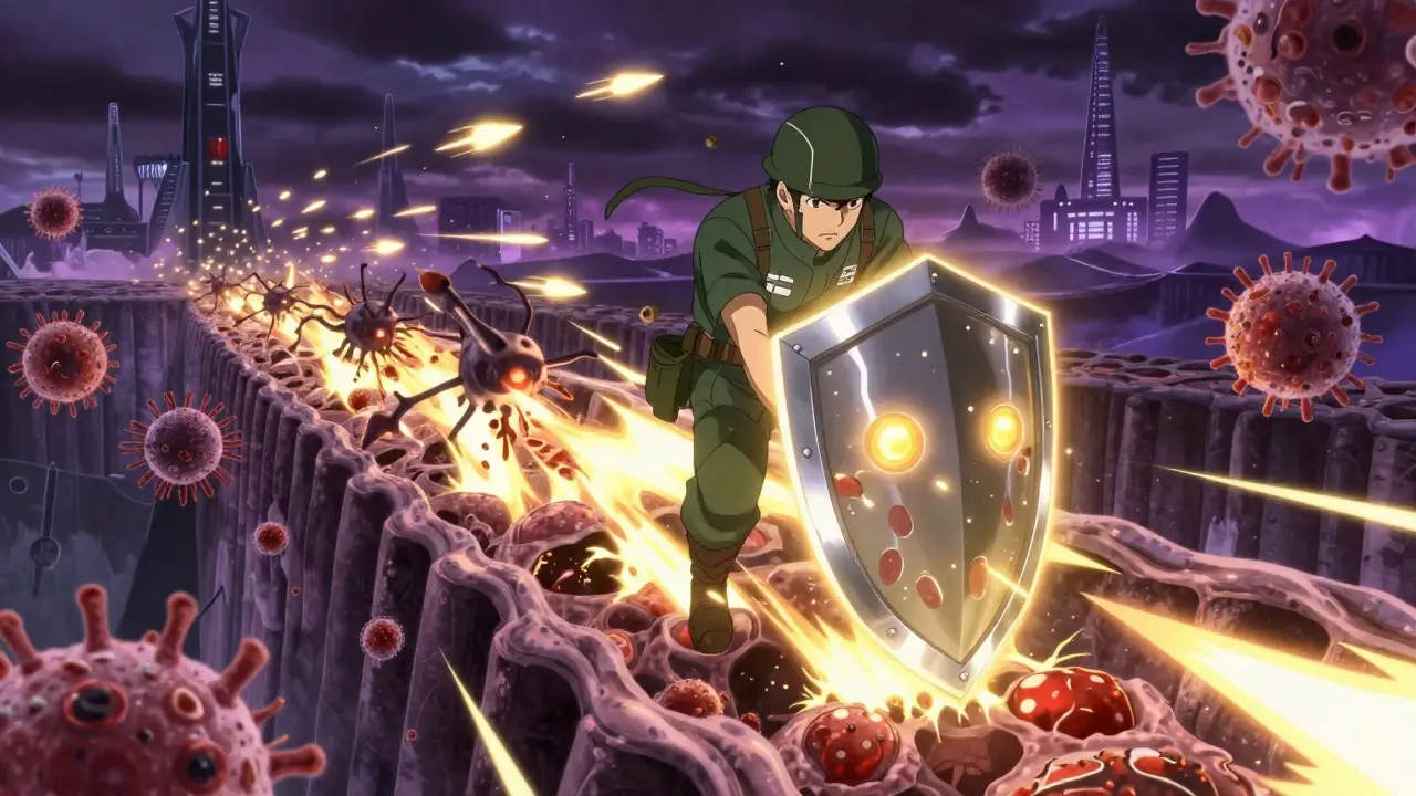 A heroic antibiotic rides an iron shield through a bacterial fortress, defeating resistant superbugs.