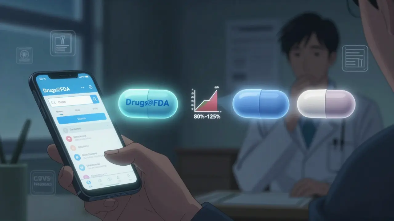 A person checks the FDA's Drugs@FDA database on their phone while a visual representation shows generic and brand drugs being bioequivalent.