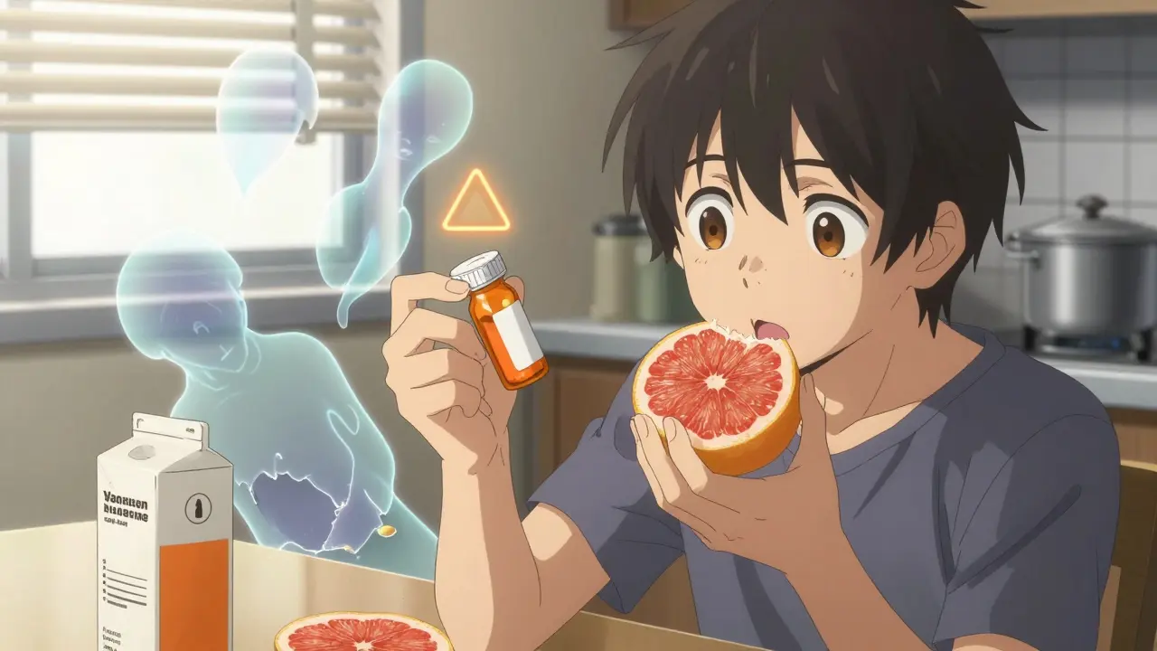 A person hesitating between a grapefruit and their medication, with ghostly enzymes collapsing.