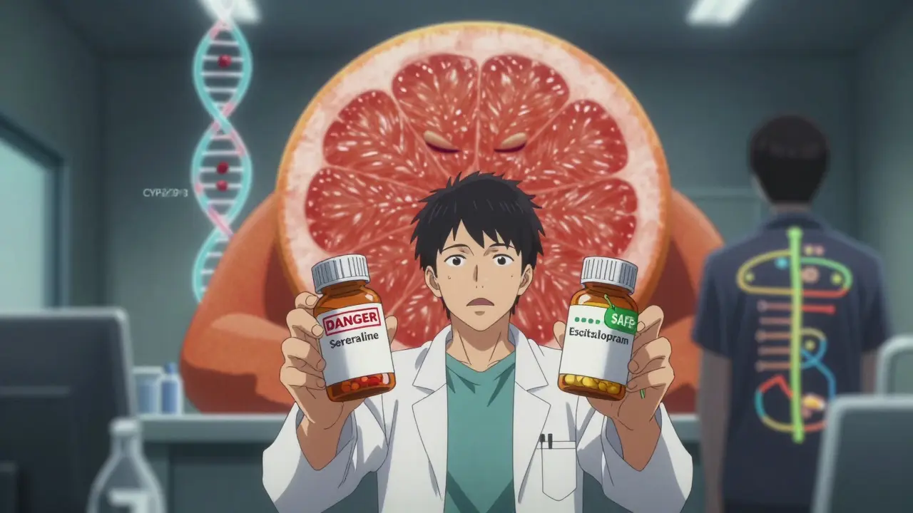 A pharmacist comparing pill bottles as a giant grapefruit looms, with genetic markers glowing.