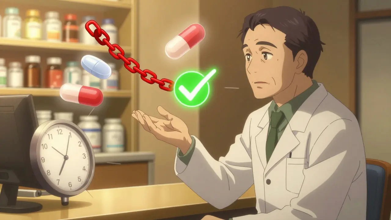 A pharmacist explaining drug interactions to a patient with visual aids showing interactions.