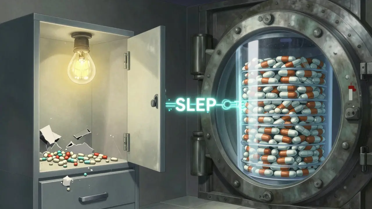 Contrasting scene: expired pills in a hot bathroom vs. preserved meds in a military vault.