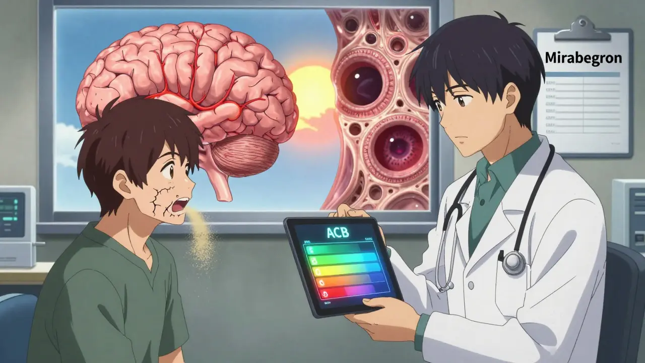 Doctor shows ACB scale to patient whose dry mouth emits sand, contrasting healthy vs. atrophied brain.