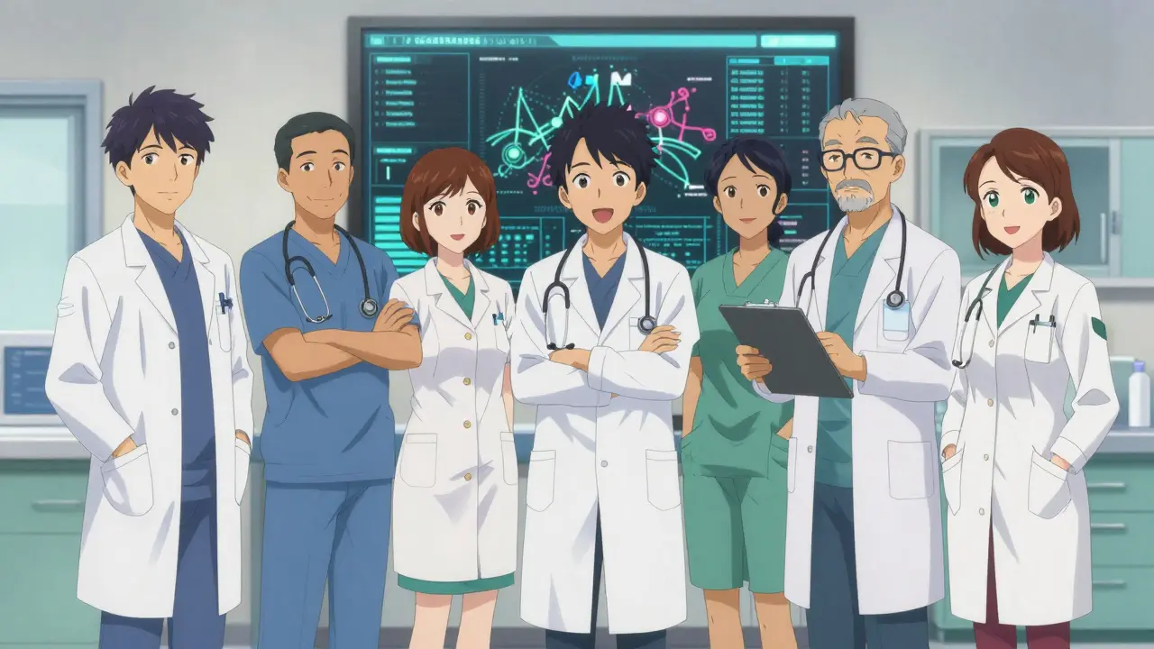 Healthcare team reviewing patient data on digital screen