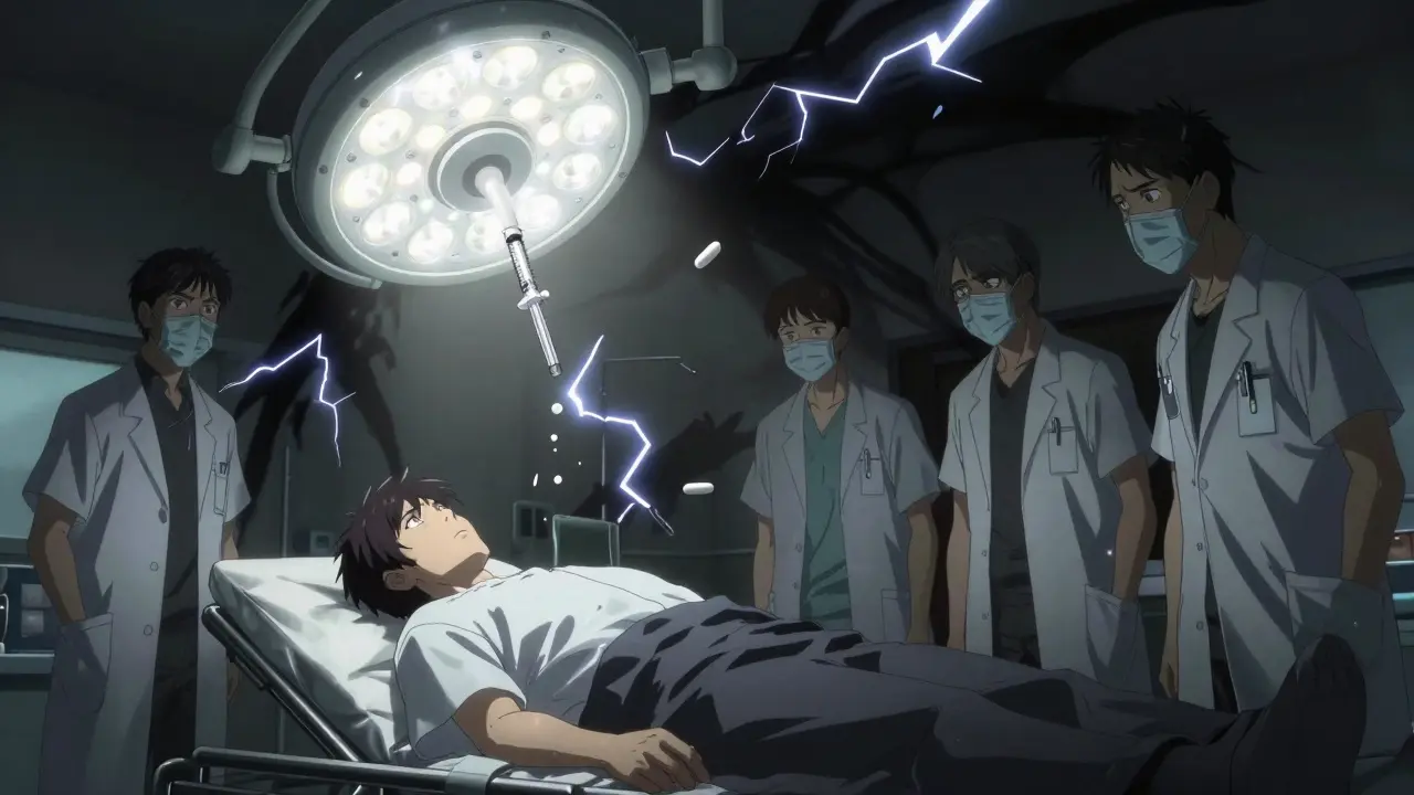 Hospital scene with syringe about to administer drug, lightning crackling around patient.