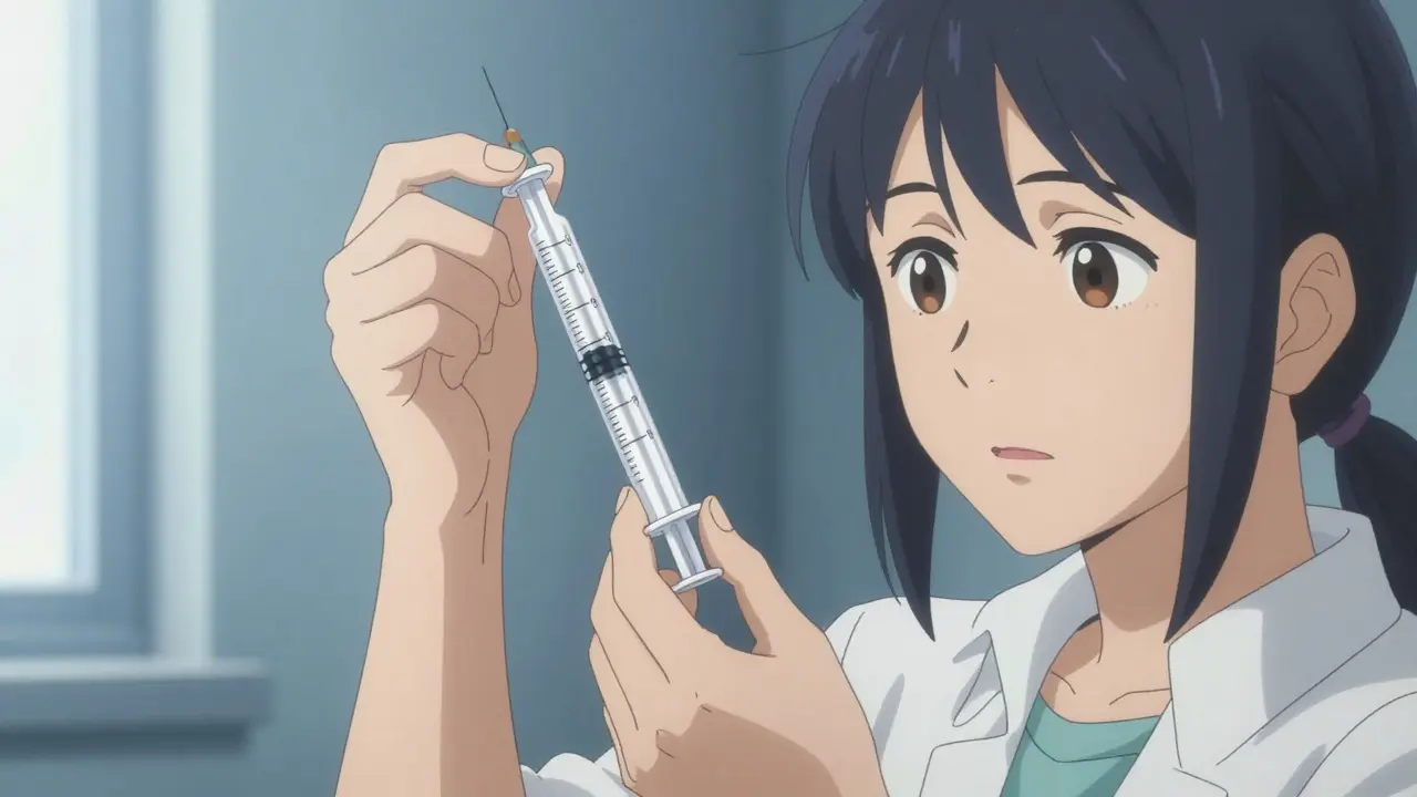 Parent measuring medication with oral syringe at eye level, precise dose.