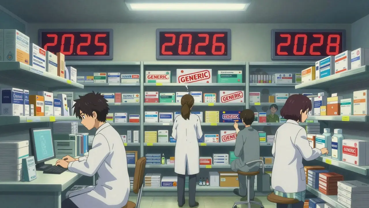 Pharmacists watching brand-name drugs transform into generics on digital countdowns.