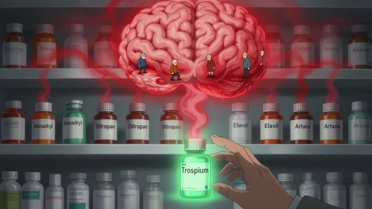 Pharmacy shelf with high-risk anticholinergic drugs emitting red mist into a brain-shaped cloud, while trospium glows green.
