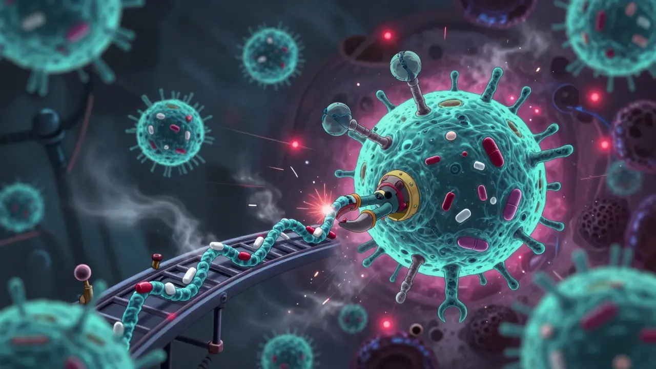 Ribosome machinery jammed by antibiotic molecules, twisted proteins spilling out like broken gears.