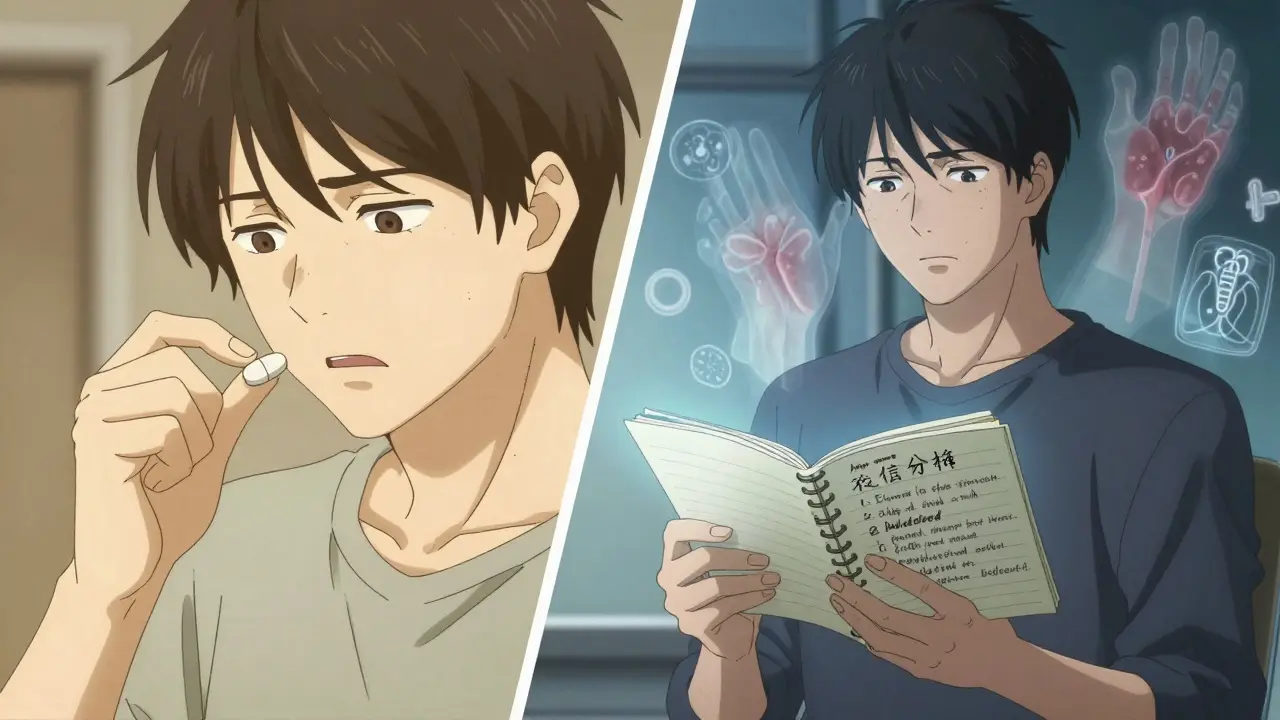 Split-panel memory of drug reaction timeline with journal and ghostly side effect icons.