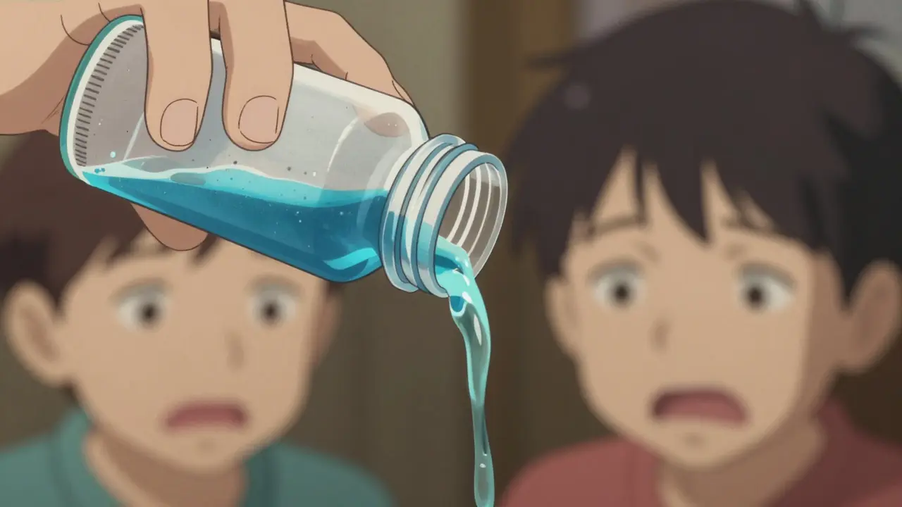 Unshaken amoxicillin bottle with sediment, child receiving incorrect dose.