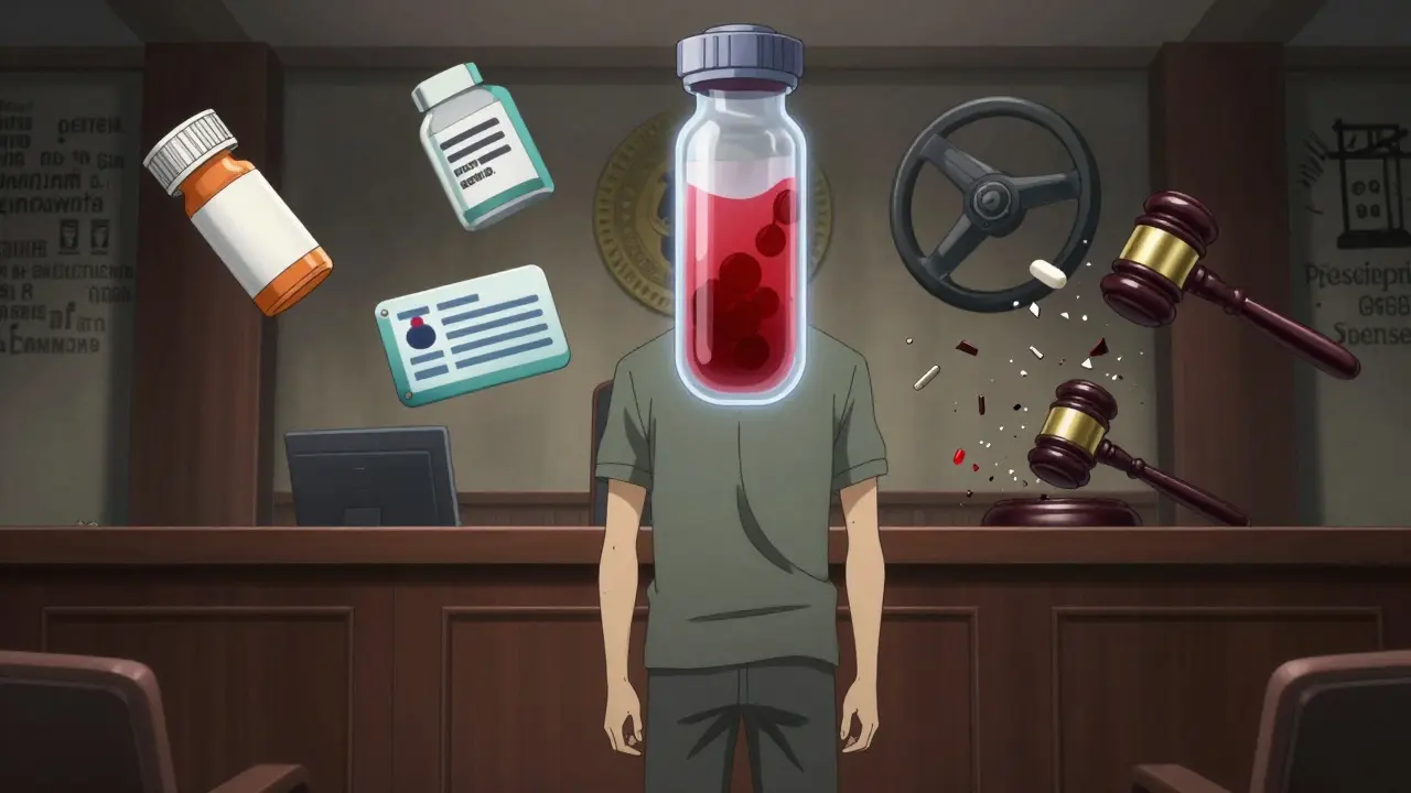 A courtroom scene with a blood sample glowing with opioid molecules, medical icons shattering as state law symbols loom like graffiti on the wall.