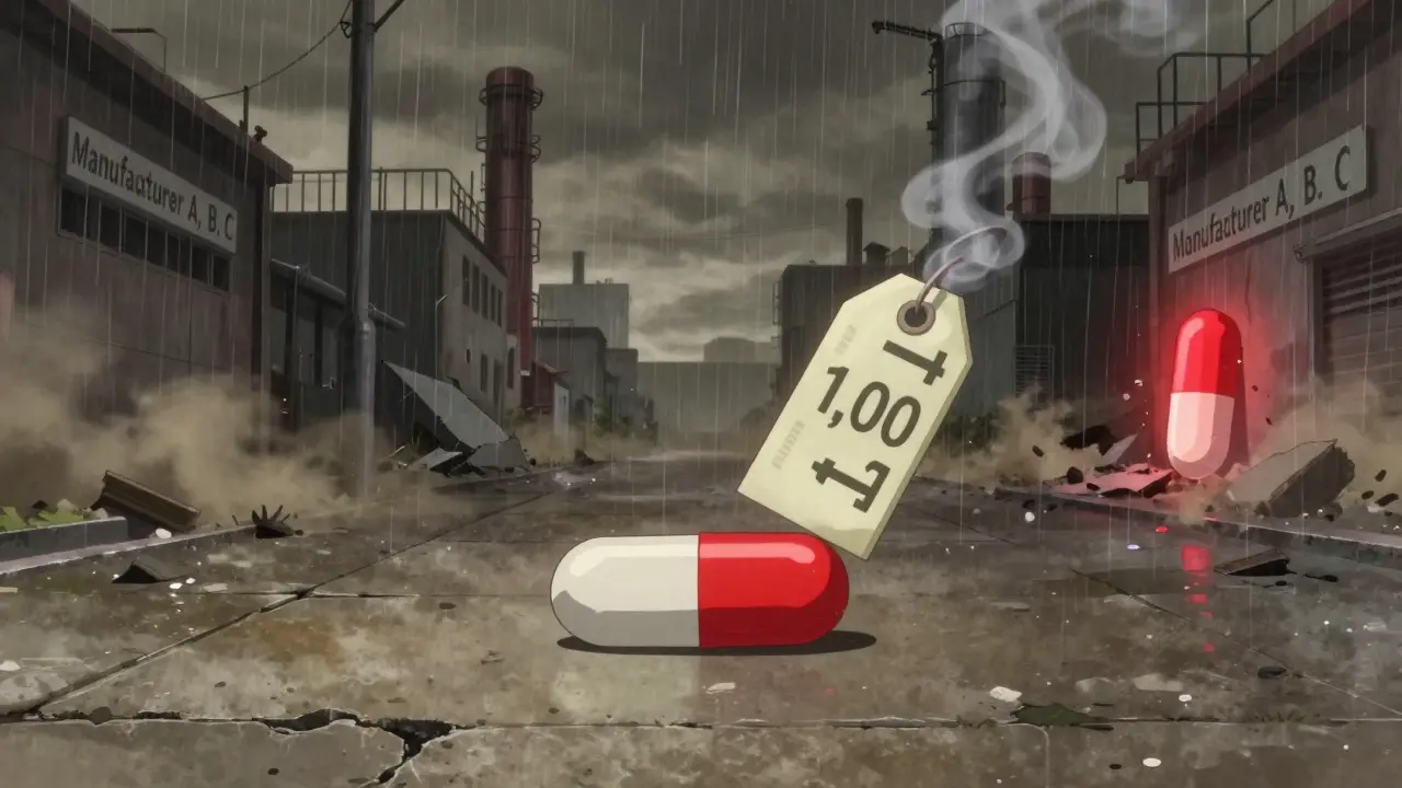 A generic pill transforming into a ,000 price tag as competitors vanish, symbolizing market collapse and price gouging.