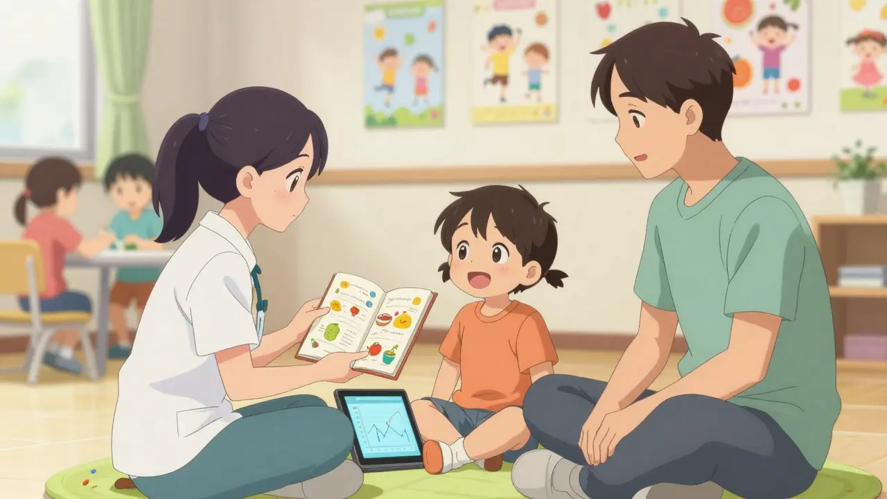 A health coach and family using a logbook to track meals and movement in a pediatric clinic.