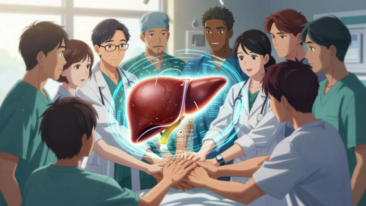 A liver transplant scene with glowing organs and medical team, symbolizing hope and recovery.