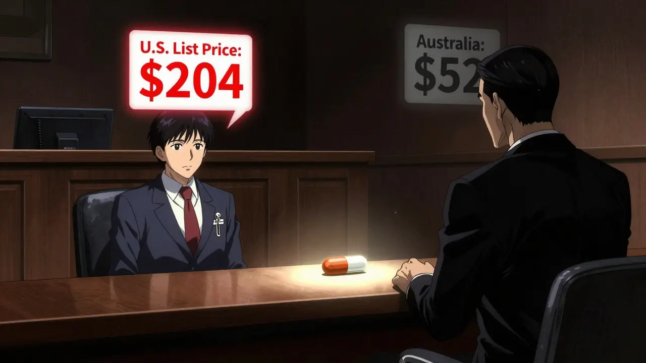 A negotiation scene between a Medicare agent and a pharmaceutical executive, with floating price tags showing U.S. vs. international costs.