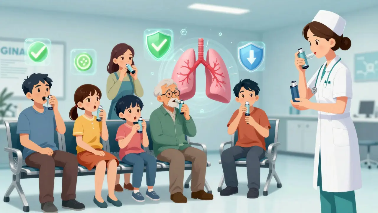 A nurse demonstrating proper inhaler technique to diverse patients in a clinic setting.