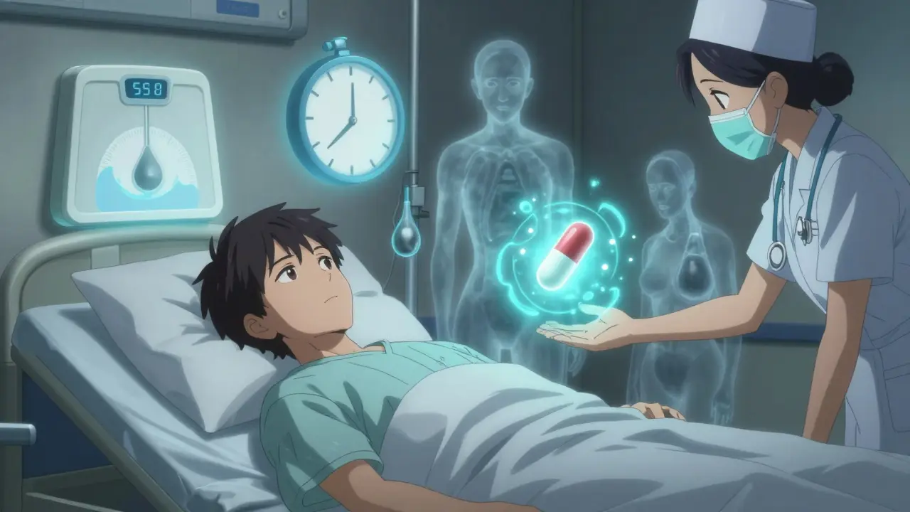 A patient surrounded by medical symbols representing cirrhosis management and support.