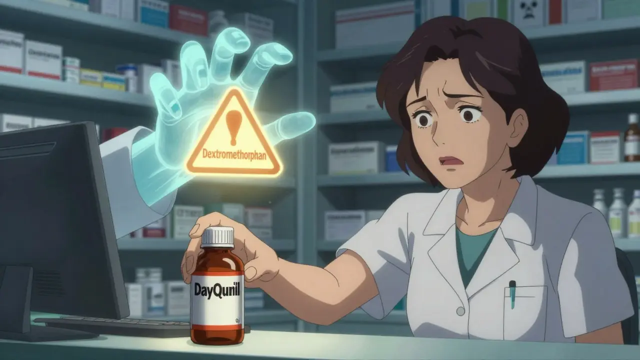 A woman at a pharmacy reaching for cold medicine while a ghostly hand warns her of dangerous ingredients, anime-style tension.