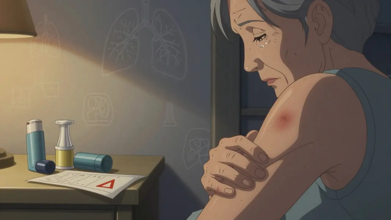 An elderly woman’s hand showing skin thinning and bruising beside her inhaler and bone scan.