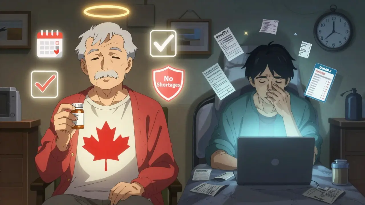 Canadian patient with stable medication access beside an American patient overwhelmed by price comparisons.